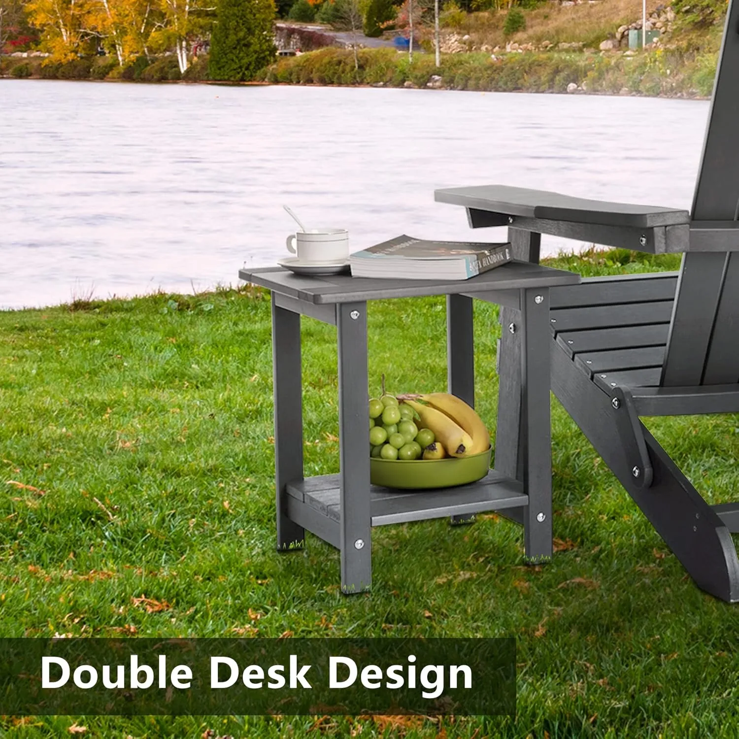 Double Adirondack Outdoor Side Table Weather Resistant, Outdoor Rectangular Patio End Table for Adirondack Chair, Grey