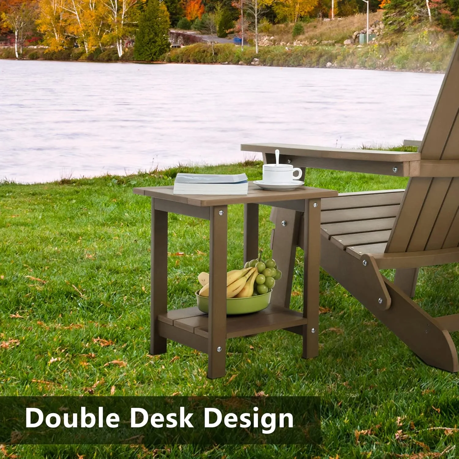 Double Adirondack Outdoor Side Table Weather Resistant, Outdoor Rectangular Patio End Table for Adirondack Chair, Teak