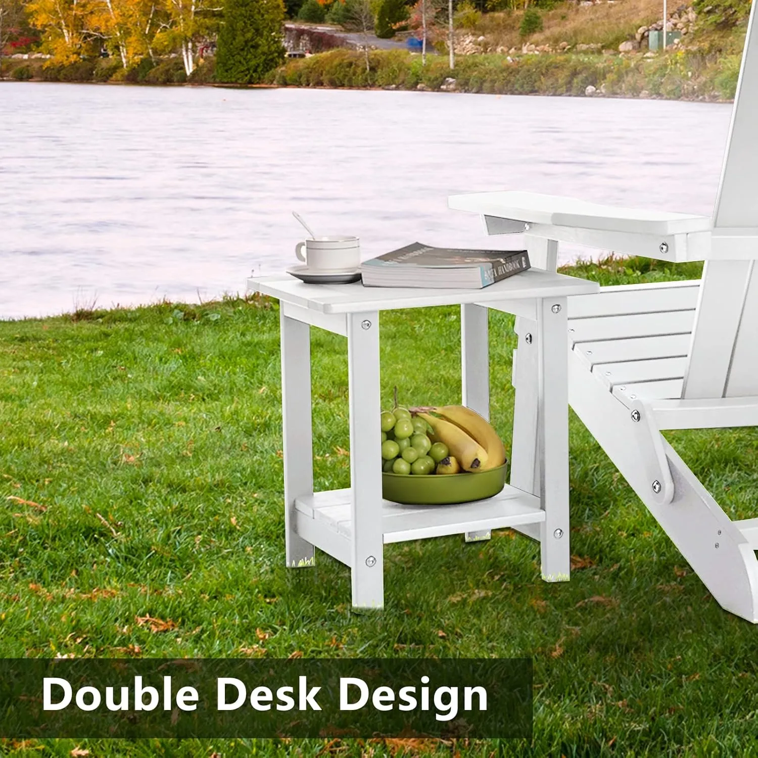 Double Adirondack Outdoor Side Table Weather Resistant, Patio Rectangular End Table for Adirondack Chair, White