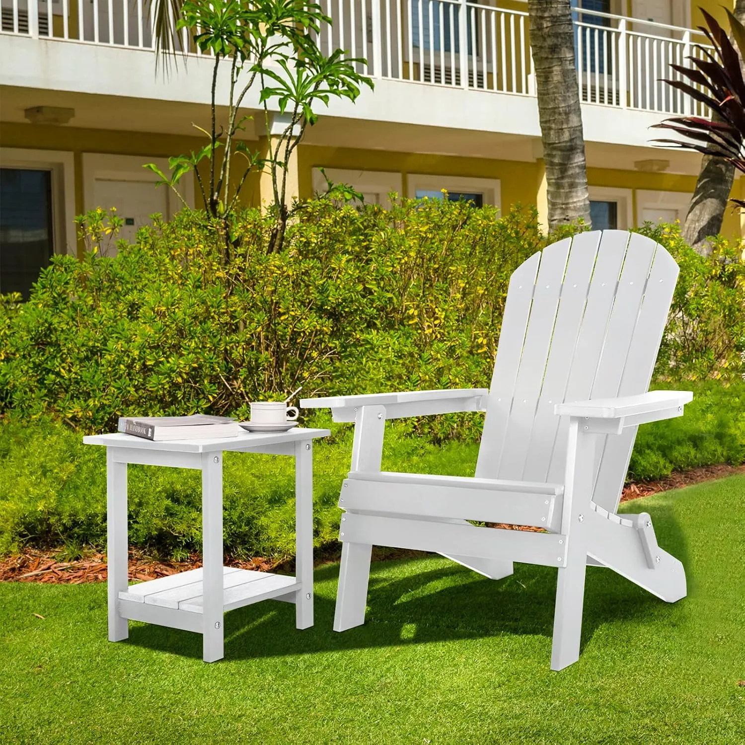 Double Adirondack Outdoor Side Table Weather Resistant, Patio Rectangular End Table for Adirondack Chair, White