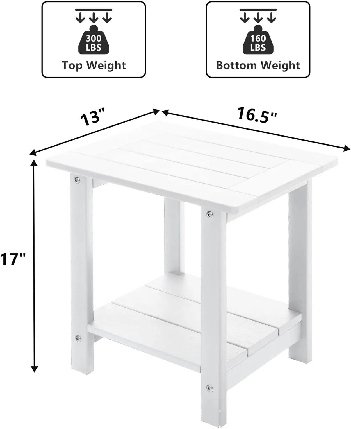 Double Adirondack Outdoor Side Table Weather Resistant, Patio Rectangular End Table for Adirondack Chair, White