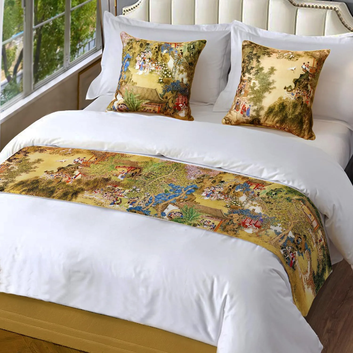 Double-Layer Table Runner Bed Runner Classic Chinoiserie Print Design Decorative Long Tablecloth Bed Scarf Farmhouse Dining Patio Table Kitchen Decor Toile Table Cloth with Tassel (14"x90")