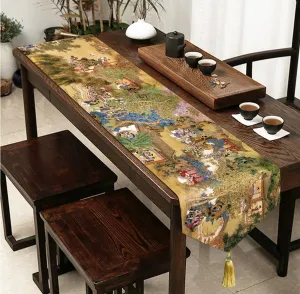 Double-Layer Table Runner Bed Runner Classic Chinoiserie Print Design Decorative Long Tablecloth Bed Scarf Farmhouse Dining Patio Table Kitchen Decor Toile Table Cloth with Tassel (14"x90")