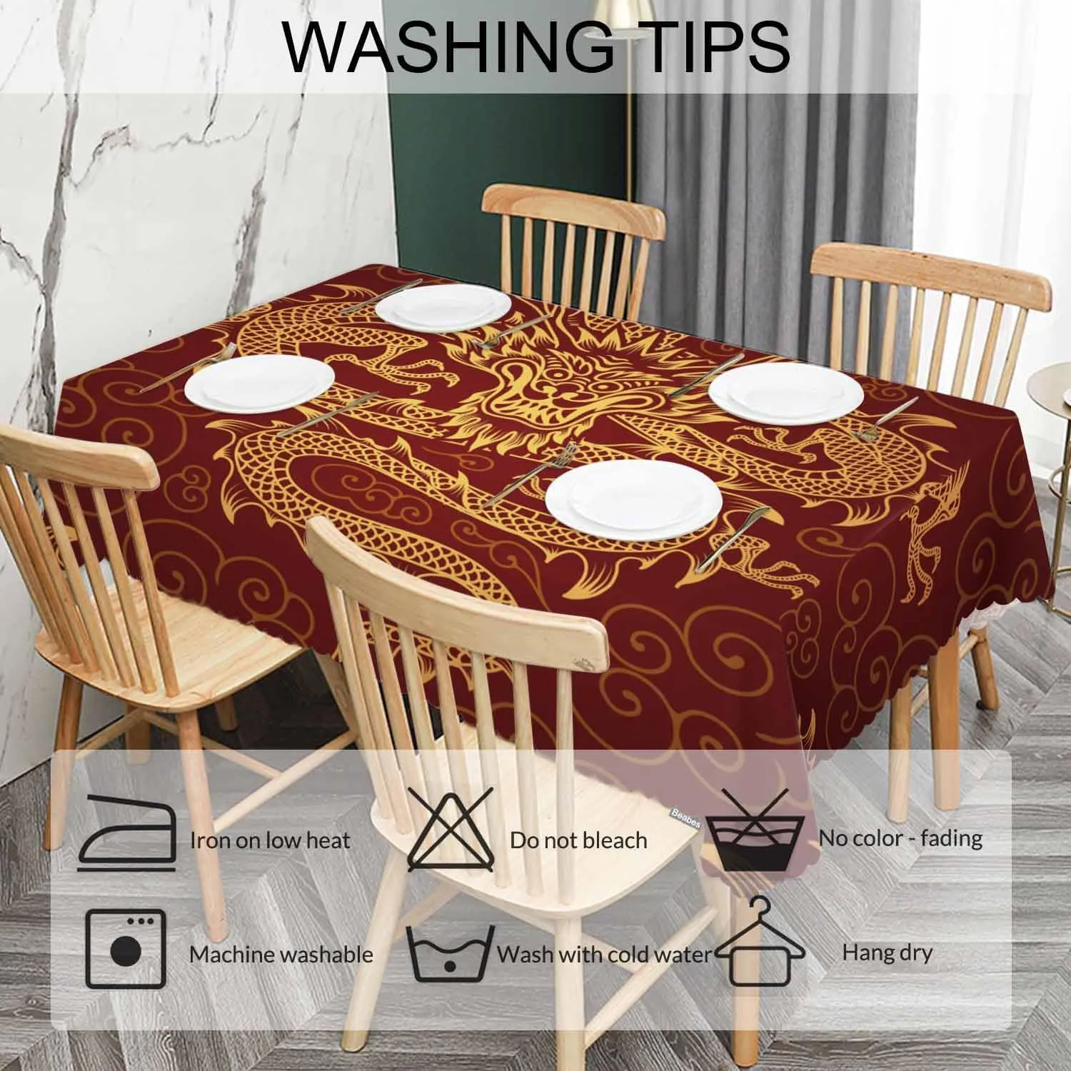 Dragon Decorative Tablecloth, Chinese Dragon Golden Red Kitchen Table Cover Oblong 52"X70" Tablecloths Dining Table Cloth Decor for Buffet Parties Patio and Camping