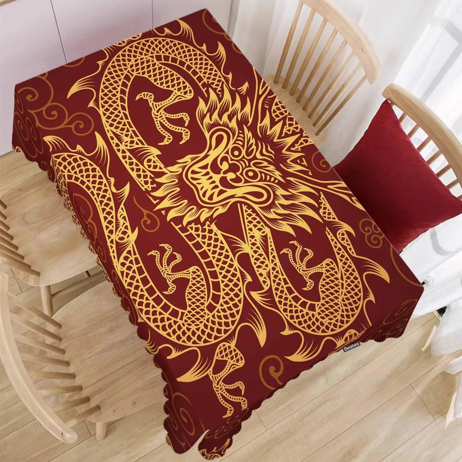 Dragon Decorative Tablecloth, Chinese Dragon Golden Red Kitchen Table Cover Oblong 52"X70" Tablecloths Dining Table Cloth Decor for Buffet Parties Patio and Camping