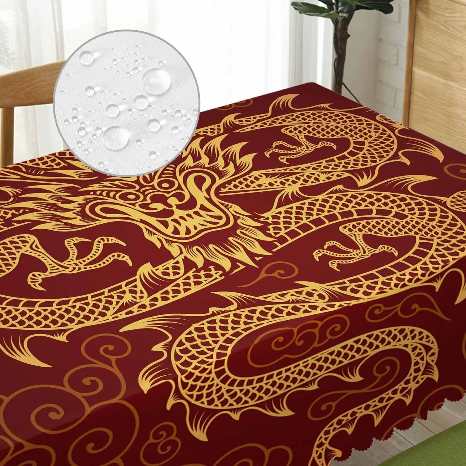 Dragon Decorative Tablecloth, Chinese Dragon Golden Red Kitchen Table Cover Oblong 52"X70" Tablecloths Dining Table Cloth Decor for Buffet Parties Patio and Camping