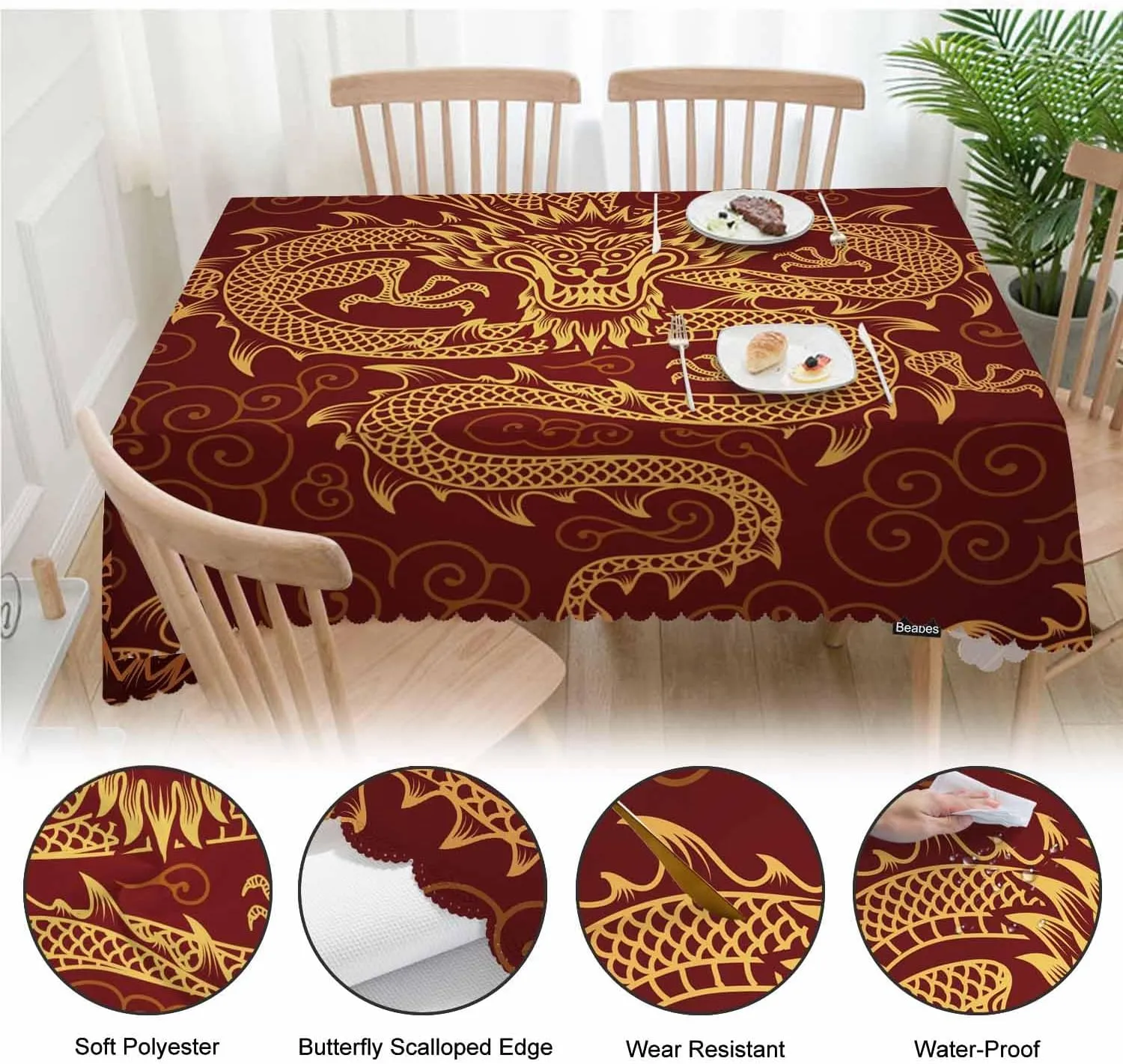 Dragon Decorative Tablecloth, Chinese Dragon Golden Red Kitchen Table Cover Oblong 52"X70" Tablecloths Dining Table Cloth Decor for Buffet Parties Patio and Camping