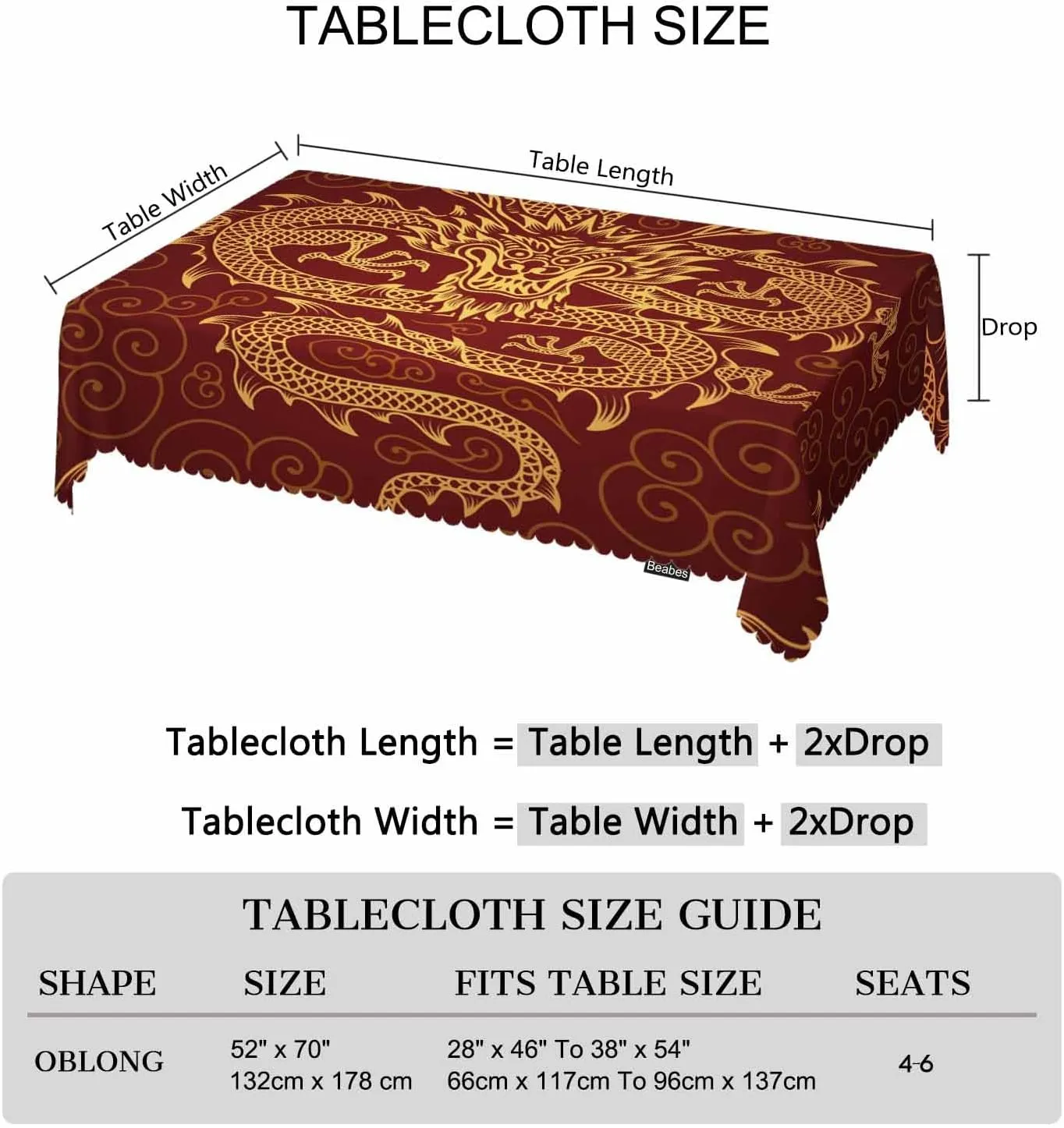 Dragon Decorative Tablecloth, Chinese Dragon Golden Red Kitchen Table Cover Oblong 52"X70" Tablecloths Dining Table Cloth Decor for Buffet Parties Patio and Camping