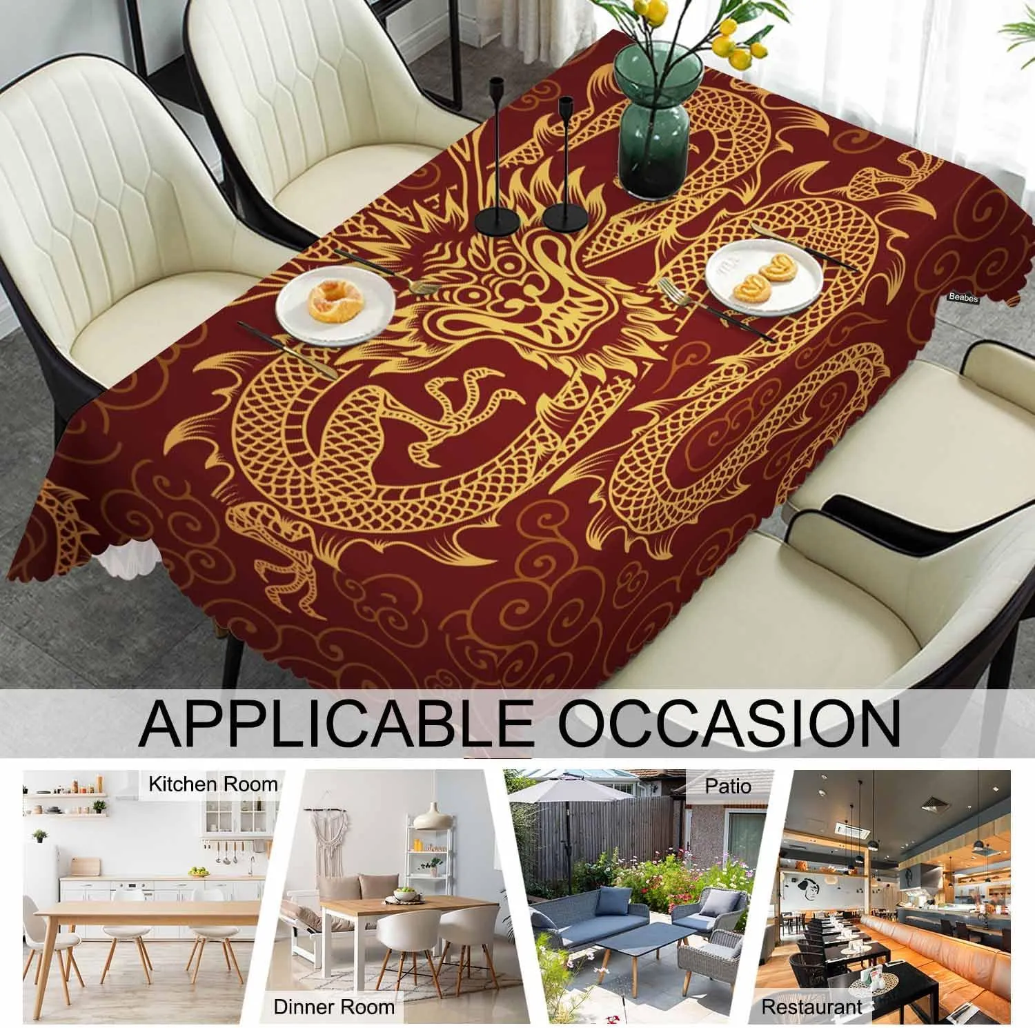 Dragon Decorative Tablecloth, Chinese Dragon Golden Red Kitchen Table Cover Oblong 52"X70" Tablecloths Dining Table Cloth Decor for Buffet Parties Patio and Camping