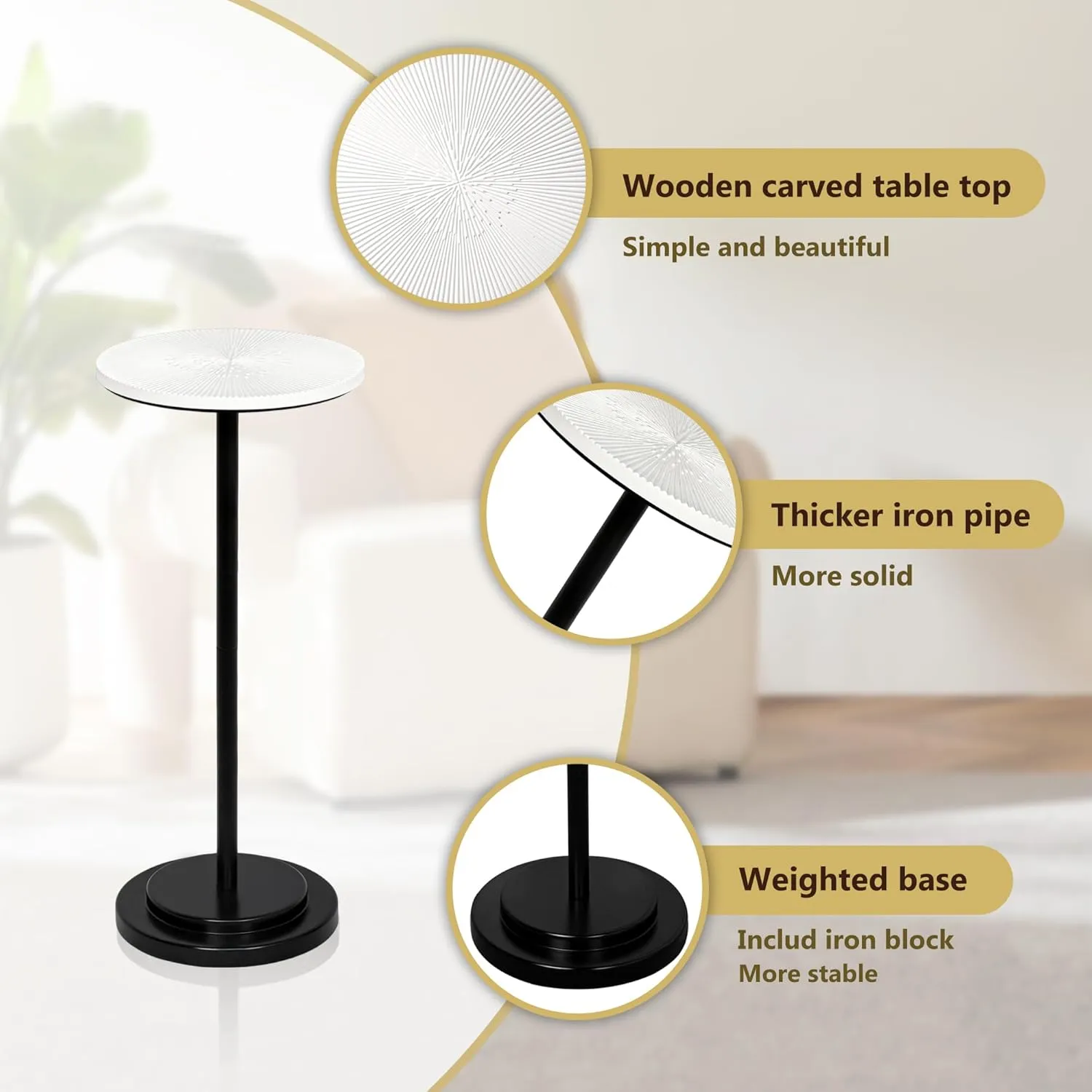 Drink Table, Carved Table Top Martini Table, Small Side Table, Weighted Base Pedestal Table for Living Room, Bedroom, Modern, White and Black