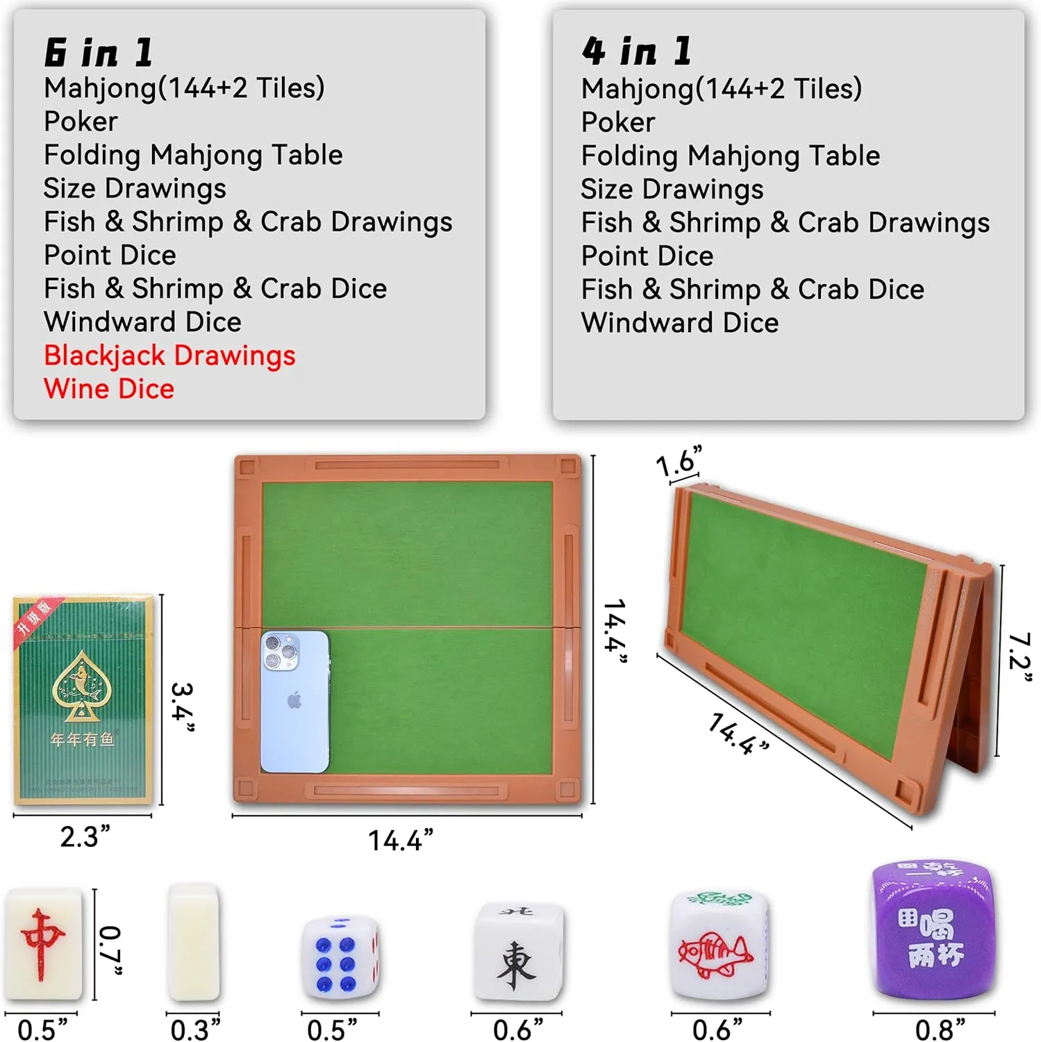drizzle Travel Mahjong Set 6 in 1 with Mahjong Table - 146 Tiles Portable Size Mah-Jongg - Poker Size Drawings Fish & Shrimp & Crab Drawings Blackjack Drawings - Travel Board Games Dormitories 旅行麻将