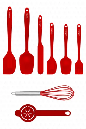 Drongo Heat Resistant Fireproof Non-Stick Silicone Spatula Set 8 Pieces Red