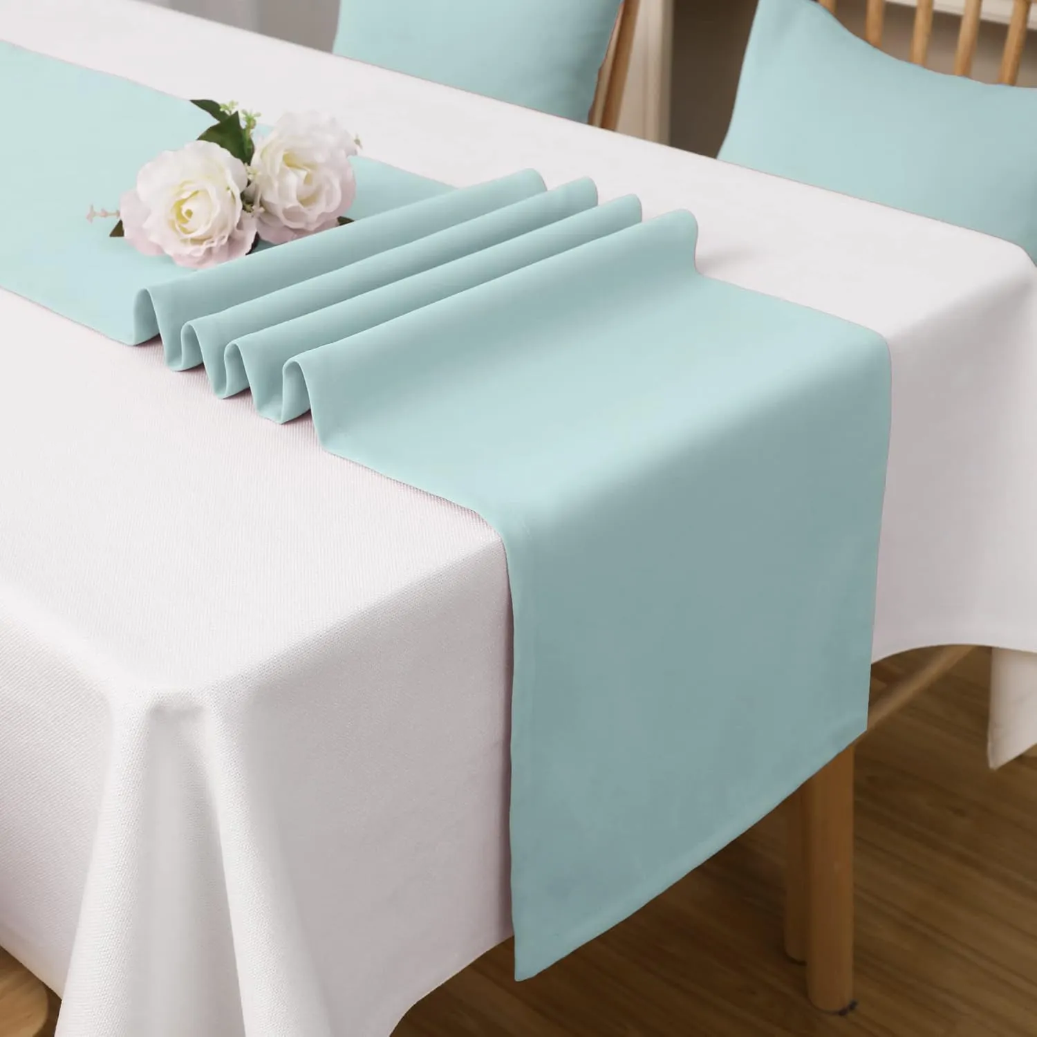 DUALIFE Handcrafted Solid Color Dining Table Runner for Wedding Party Birthday Graduations, Banquet Catering Services Event?Dresser Scarf, Double-Hemstitched (Aqua, 14 x 108) 1 Piece