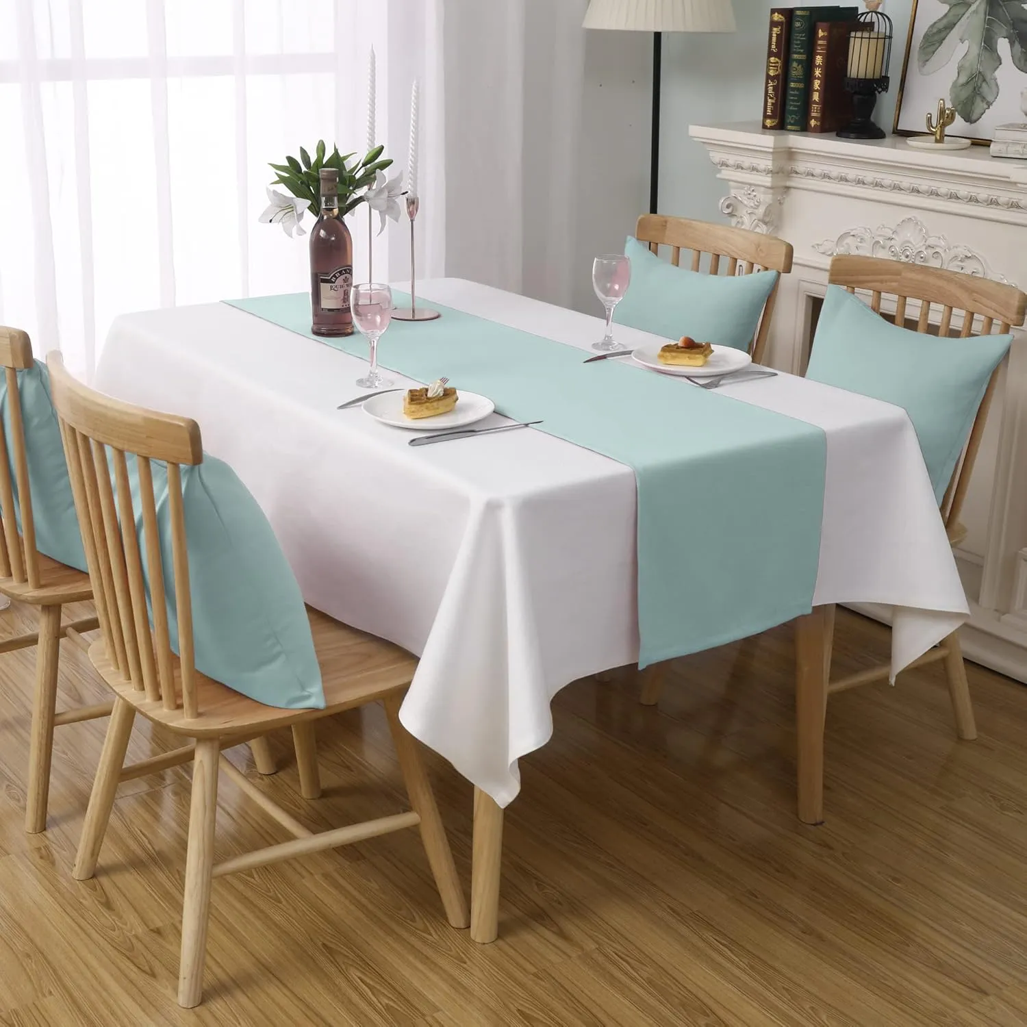 DUALIFE Handcrafted Solid Color Dining Table Runner for Wedding Party Birthday Graduations, Banquet Catering Services Event?Dresser Scarf, Double-Hemstitched (Aqua, 14 x 108) 1 Piece