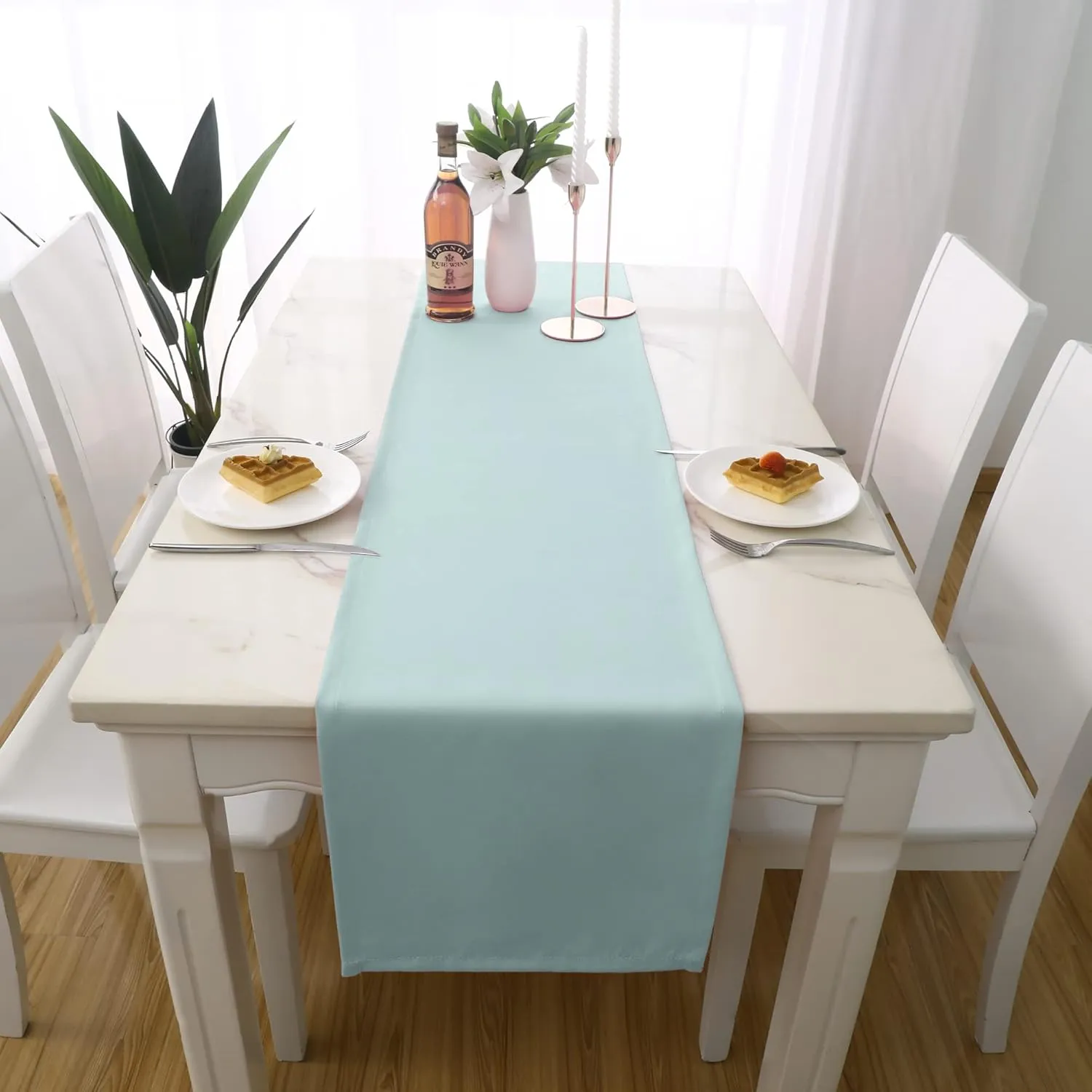 DUALIFE Handcrafted Solid Color Dining Table Runner for Wedding Party Birthday Graduations, Banquet Catering Services Event?Dresser Scarf, Double-Hemstitched (Aqua, 14 x 108) 1 Piece