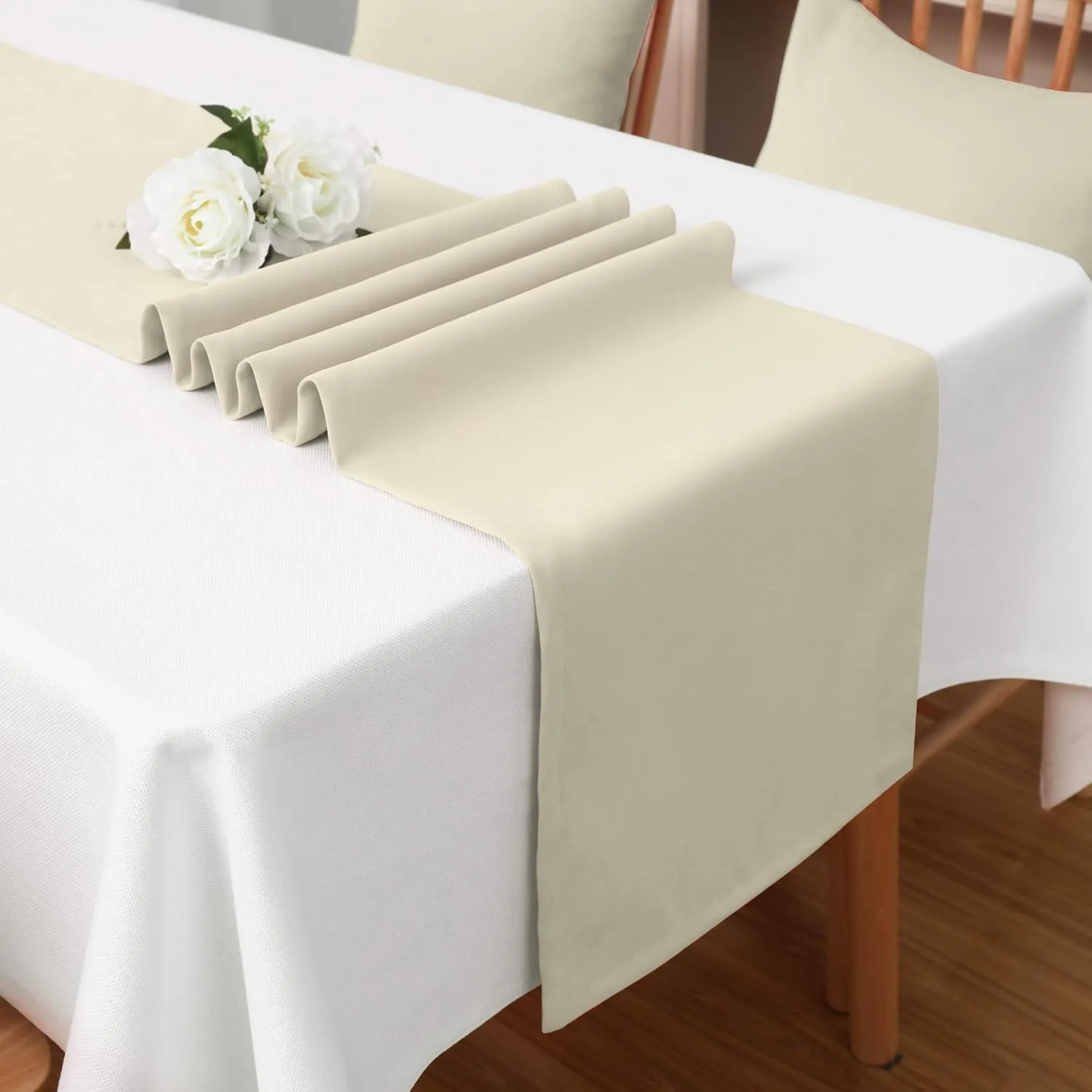 DUALIFE Ivory Beige Table Runner Handmade Wedding Table Runners Modern Farmhouse Natural Solid Kitchen Table Runner for Family Dinner Outdoor Picnics Patry 14" x 108" 1 Piece