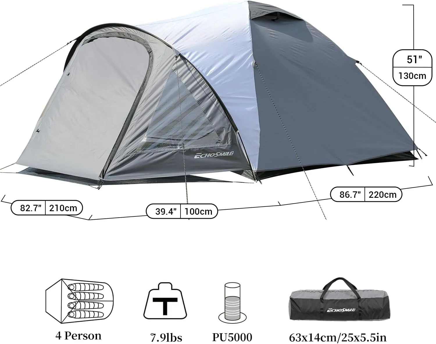 EchoSmile 4-Person Camping Tent with Clear Windows – Easy Setup Lightweight Shelter with Rainfly