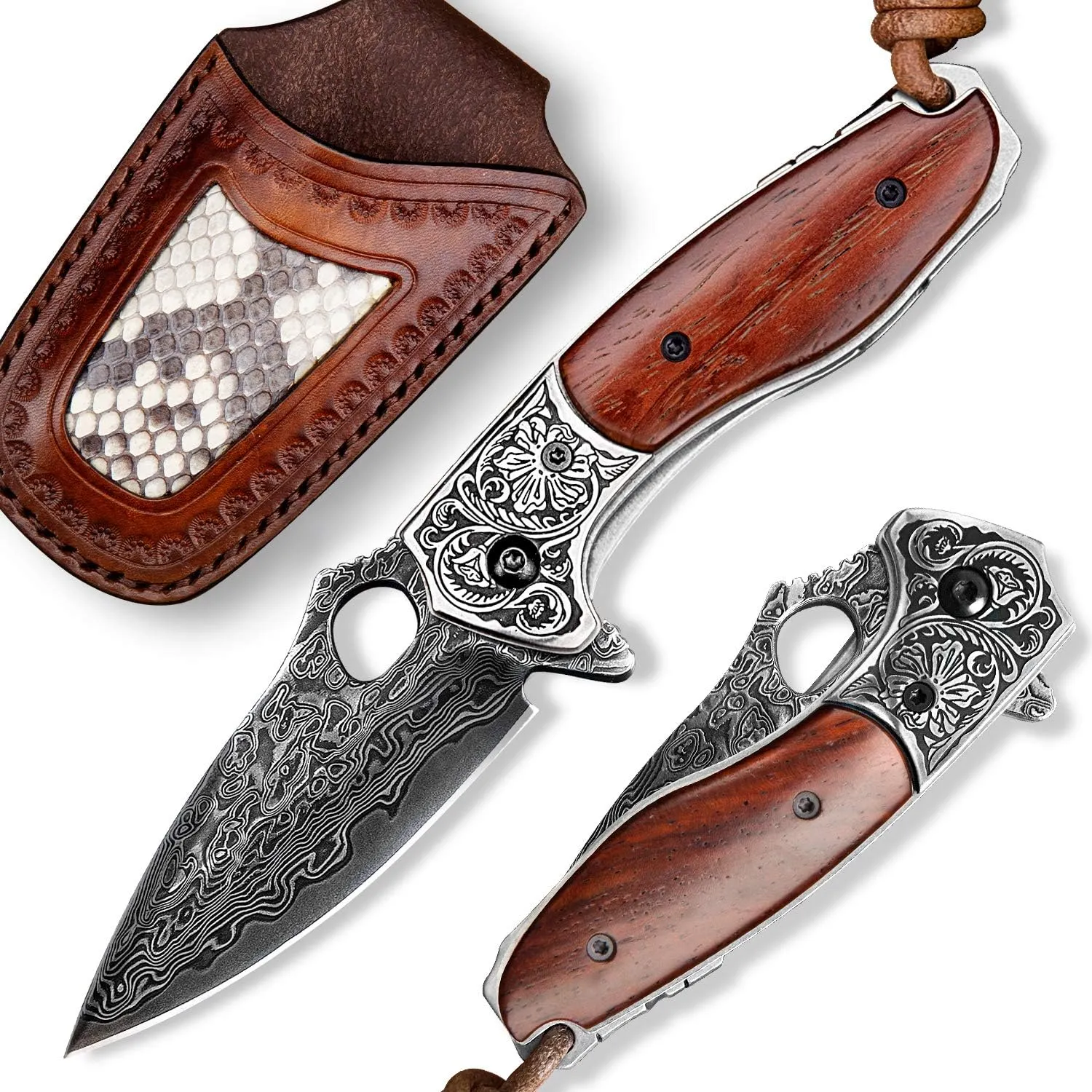 edc pocket knife for men,2.5in japanese handmade vg10 damascus steel,rosewood handle,liner lock,leather sheath,folding knives for camping and hunting (rosewood, 2.8)