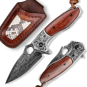 edc pocket knife for men,2.5in japanese handmade vg10 damascus steel,rosewood handle,liner lock,leather sheath,folding knives for camping and hunting (rosewood, 2.8)