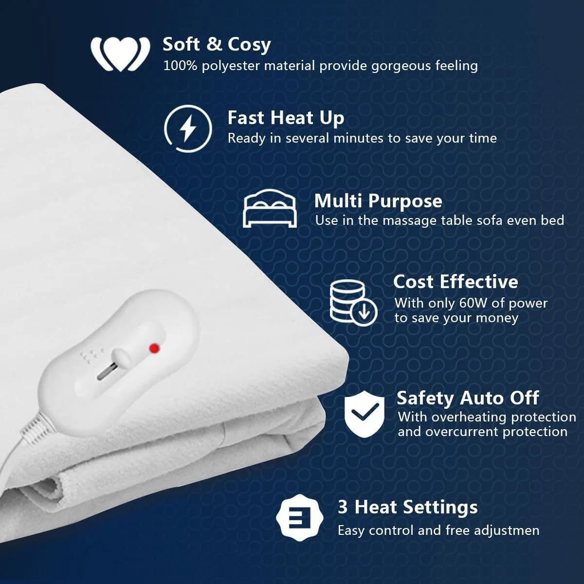 Electric Massage Table Warmer, Polyester Spa Table Heating Pad with 3 Heat Settings & Auto Overheating Protection, Machine Washable Heated Bed Toppe, Ideal for Home Spa