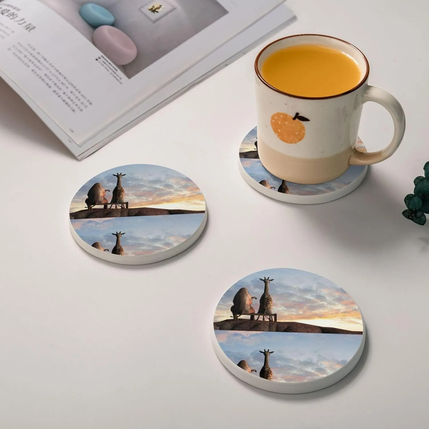 Elephant Giraffe On A Mountain Top Sunset Drink Coasters Set of 6 Diatomaceous Earth Coasters Tabletop Protection Coasters for All Kinds of Cups Home Living Room Decor Aesthetic