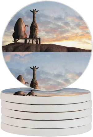 Elephant Giraffe On A Mountain Top Sunset Drink Coasters Set of 6 Diatomaceous Earth Coasters Tabletop Protection Coasters for All Kinds of Cups Home Living Room Decor Aesthetic