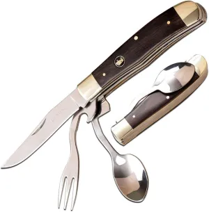 Elk Ridge - Outdoors - Stainless Steel Multi-Function Pocket Knife, Fork, Spoon and Bottle Opener, 4-in-One Tableware, 4-in Closed, Wood Handle - Camping, Hunting, Survival, Multi-Tool - ER-439W