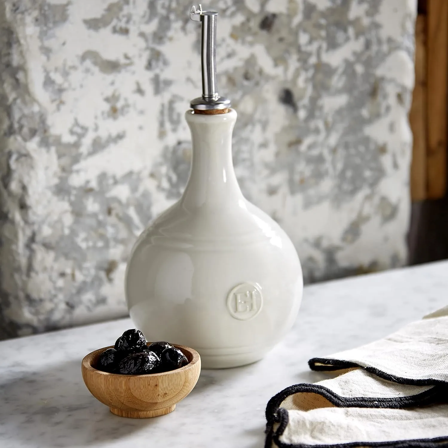 Emile Henry Stainless Steel Spout, Clay Vinegar Cruet Bottle, 15.2oz