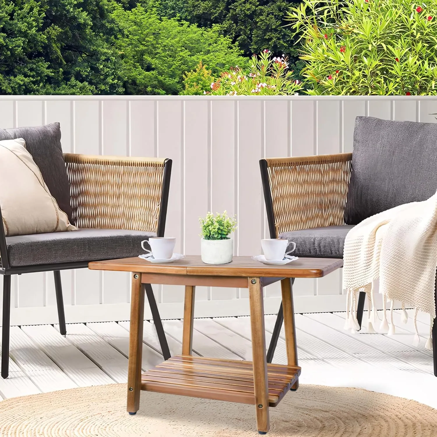 ENKEZI Acacia 24 Inches Outdoor Side Table, 2-Tier Sturdy Patio, End Table Weather Resistant, Strong Stability Side Table for Patio, Pool, Porch, Teak Finish (Modern Brown)