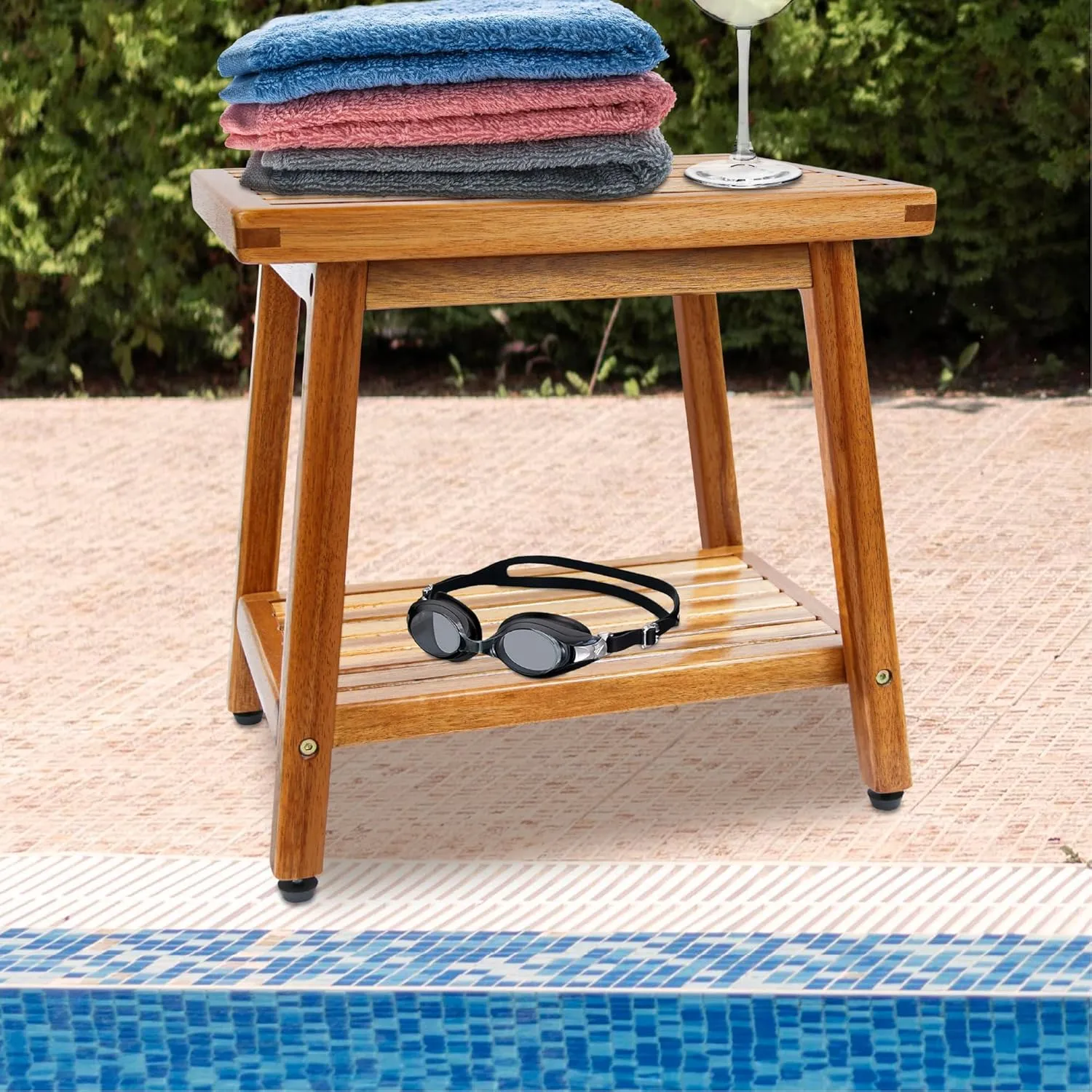 ENKEZI Small Acacia 16 Inches Outdoor Side Table, 2-Tier Sturdy Patio, End Table Weather Resistant, Strong Stability Side Table for Patio, Pool, Porch, Teak Finish (Small)