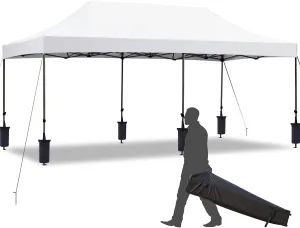 EROMMY 10' x 20' Pop Up Canopy Tent, Commercial Instant Canopy with Roller Bag, 6 Sand Bags, Outdoor Canopies for Festival, Event, White