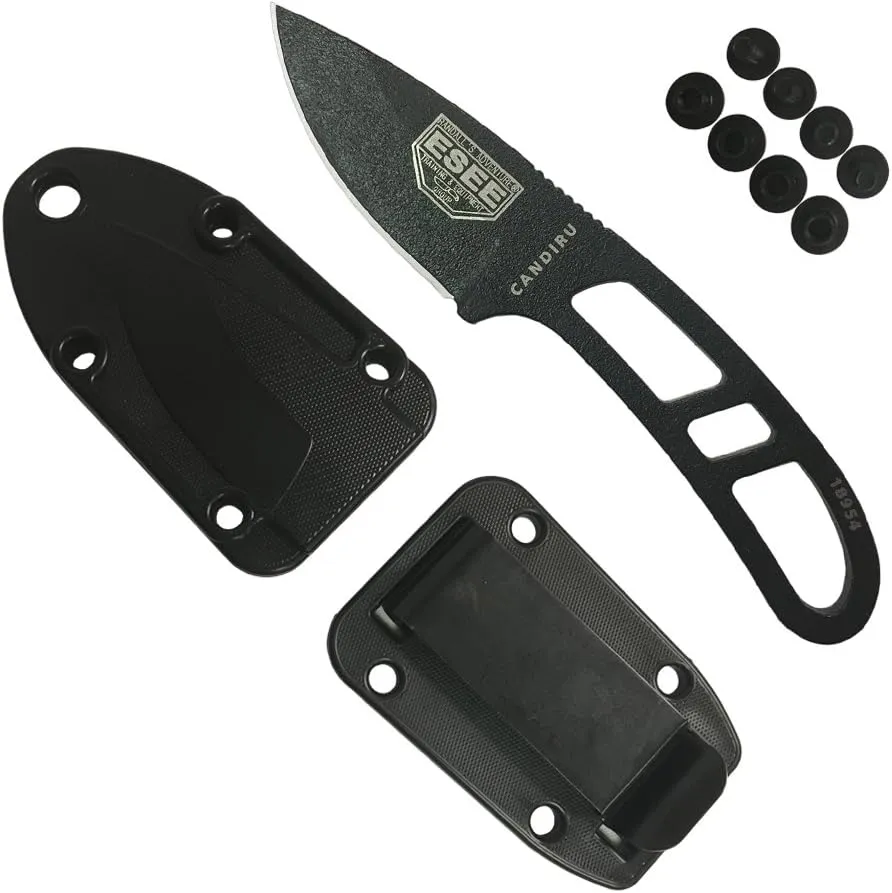 ESEE Authentic Candiru Tactical Survival Knife - Molded Sheath Belt Clip Plate (Black Blade, Black Molded Sheath)