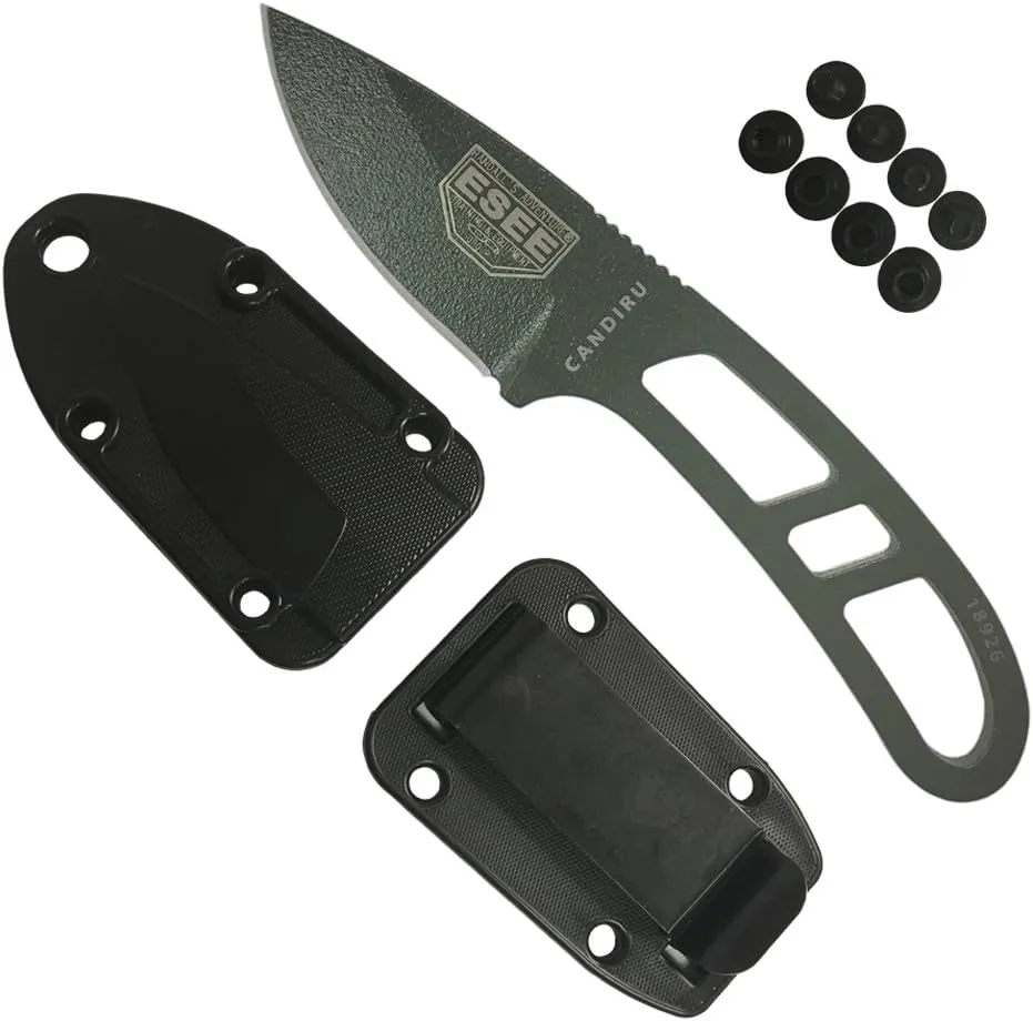 ESEE Authentic Candiru Tactical Survival Knife - Molded Sheath Belt Clip Plate (OD Blade, Black Molded Sheath)