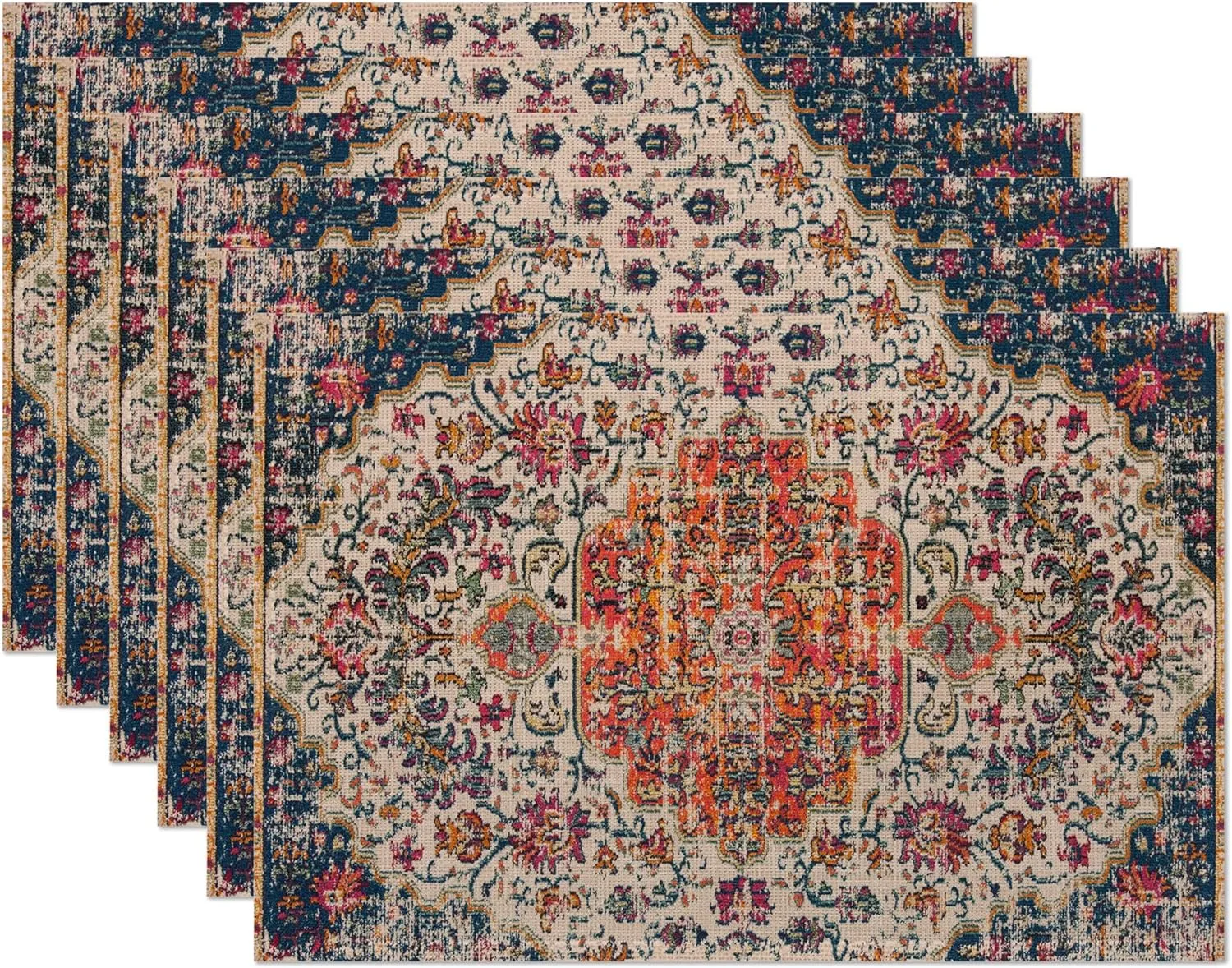 Ethnic Boho Southwest Placemats Set of 6,Orange Blue Teal Carpet Linen Washable Kitchen Dining Table Mats Heat Resistant Place Mats for Home Party Indoor Holiday 12x18 Inch