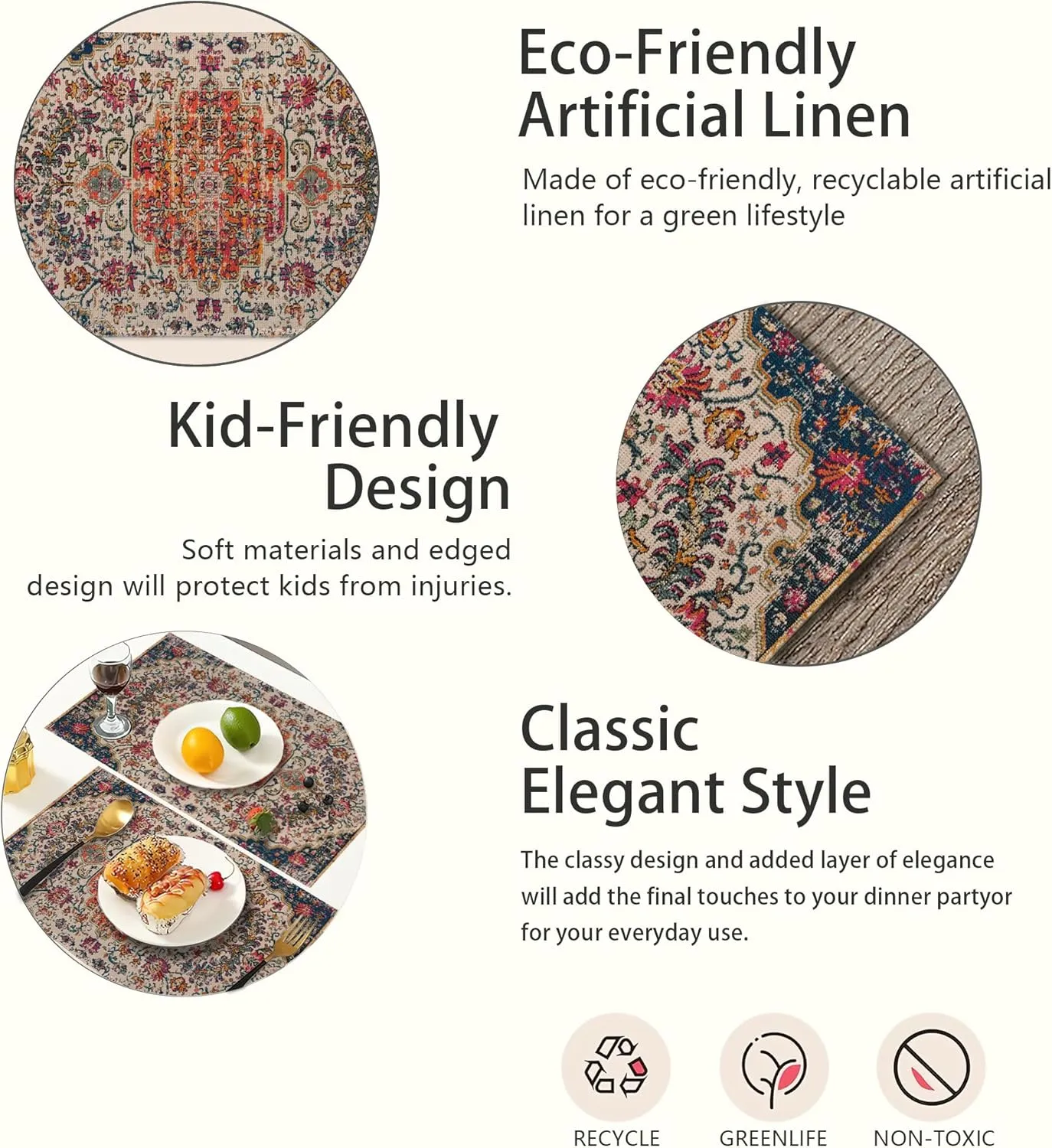 Ethnic Boho Southwest Placemats Set of 6,Orange Blue Teal Carpet Linen Washable Kitchen Dining Table Mats Heat Resistant Place Mats for Home Party Indoor Holiday 12x18 Inch