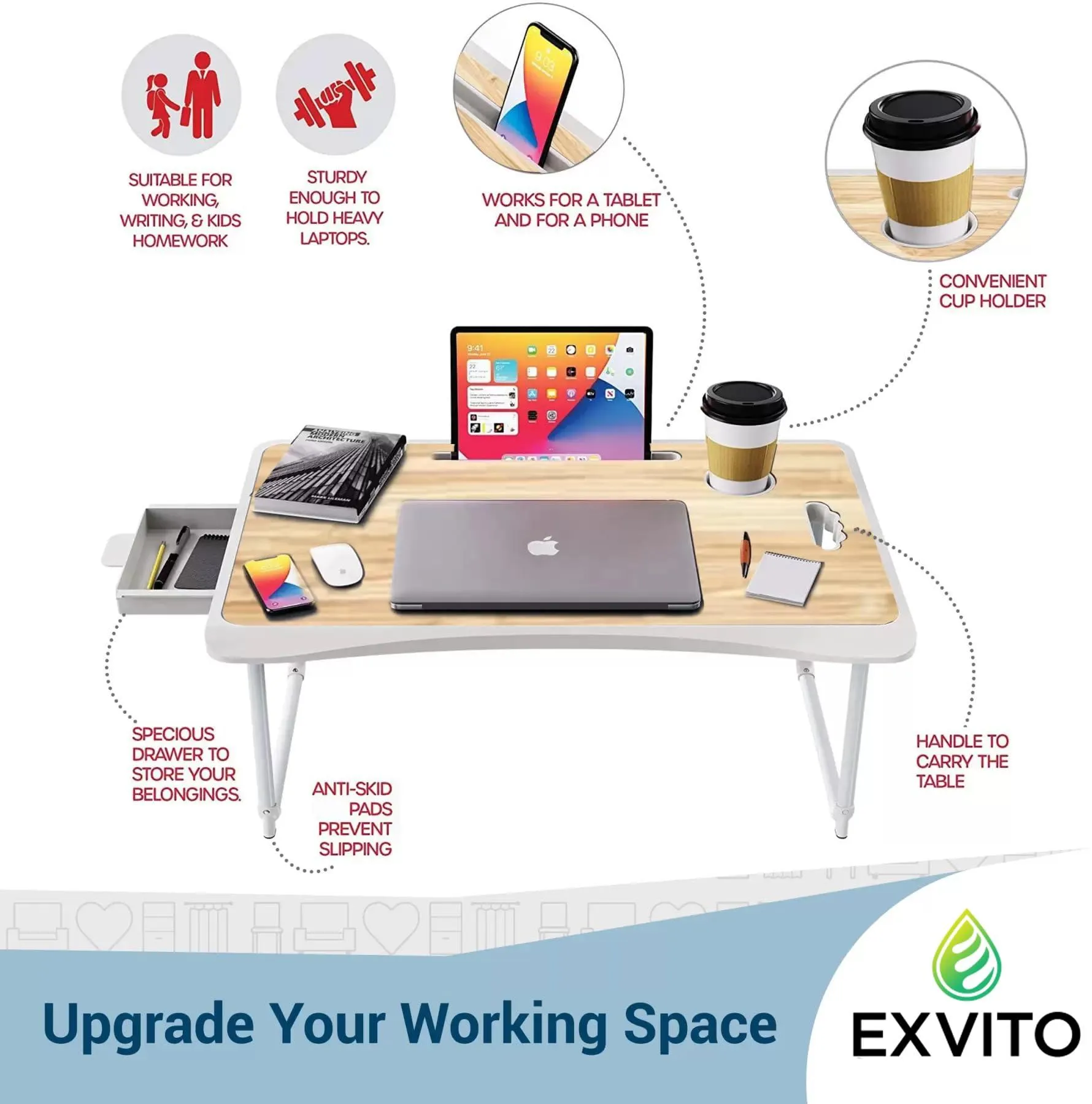 EXVITO Smart Multipurpose Industries Study Table for Students Bed Table for Study Foldable Laptop Table Portable & Lightweight Mini Table Bed Reading Table,Laptop Stands, Laptop Desk - Ivory