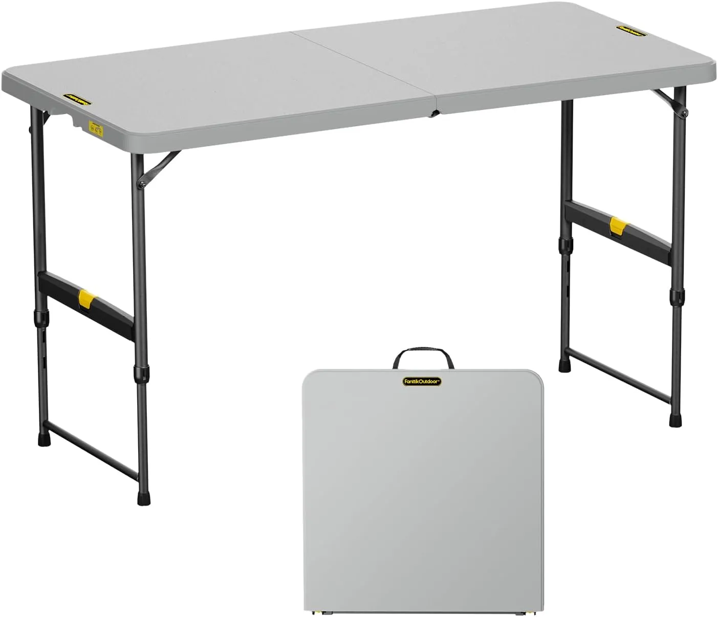 FanttikOutdoor 4ft Portable Folding Table, One-Handed Height Adjustment, 4 Heights, Gravity Lock, Carry Handle, Indoor Outdoor Heavy Duty Fold-in-Half Utility Table, Party, Gray Zeta X4 Pro
