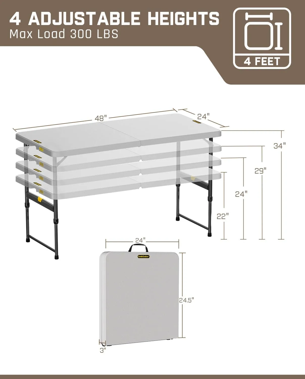 FanttikOutdoor 4ft Portable Folding Table, One-Handed Height Adjustment, 4 Heights, Gravity Lock, Carry Handle, Indoor Outdoor Heavy Duty Fold-in-Half Utility Table, Party, Gray Zeta X4 Pro