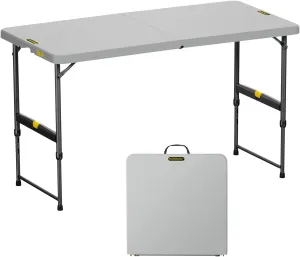 FanttikOutdoor 4ft Portable Folding Table, One-Handed Height Adjustment, 4 Heights, Gravity Lock, Carry Handle, Indoor Outdoor Heavy Duty Fold-in-Half Utility Table, Party, Gray Zeta X4 Pro