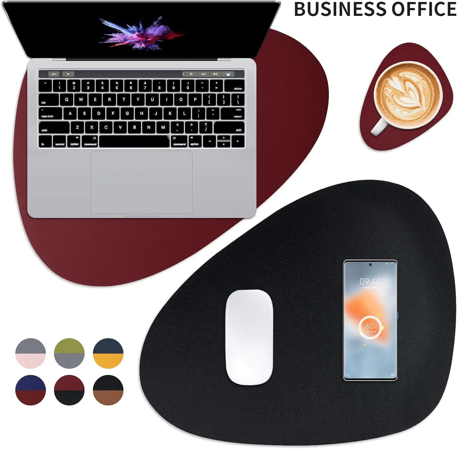 Faux Leather Placemats and Coasters Set of 4, Dual-Sided Round Place Mats for Kitchen Dining Patio Table, Washable Oval Modern Table Mates, Non-Slip Heat Resistant Coffee Mates, Red Black Placemats