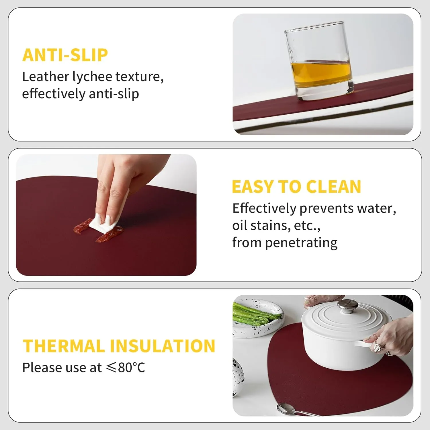 Faux Leather Placemats and Coasters Set of 4, Dual-Sided Round Place Mats for Kitchen Dining Patio Table, Washable Oval Modern Table Mates, Non-Slip Heat Resistant Coffee Mates, Red Black Placemats