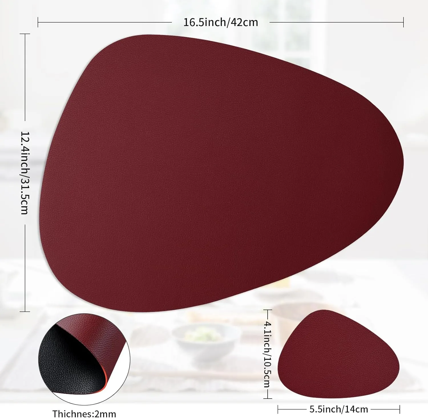 Faux Leather Placemats and Coasters Set of 4, Dual-Sided Round Place Mats for Kitchen Dining Patio Table, Washable Oval Modern Table Mates, Non-Slip Heat Resistant Coffee Mates, Red Black Placemats