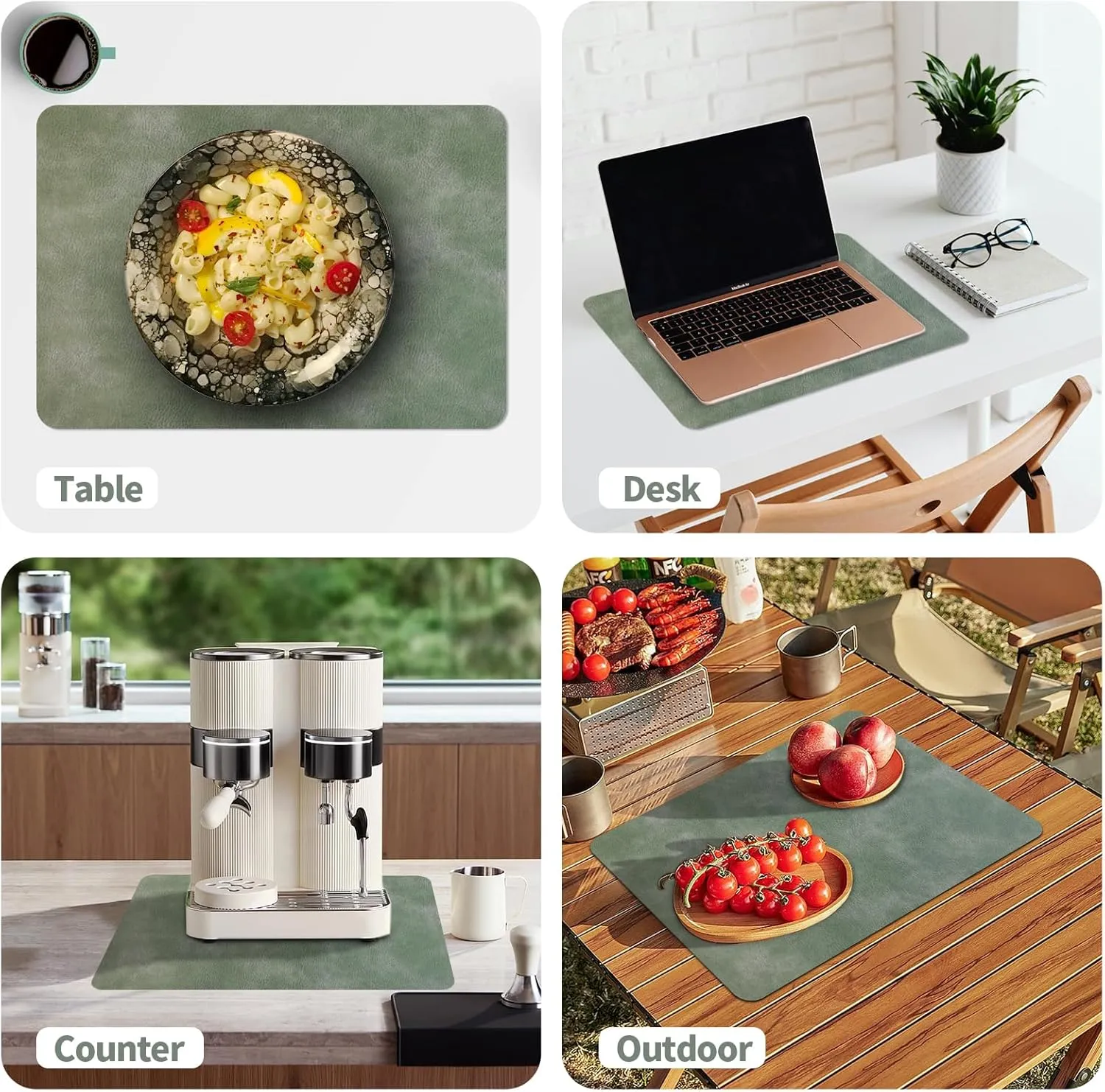 Faux Leather Placemats Set of 4, PU Washed Cowhide Pattern Place Mats Heat Resistant Washable Wipeable Table Mats for Dining Table Outdoor Indoor, Green