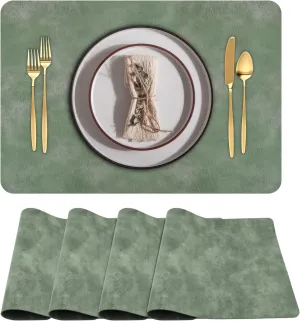 Faux Leather Placemats Set of 4, PU Washed Cowhide Pattern Place Mats Heat Resistant Washable Wipeable Table Mats for Dining Table Outdoor Indoor, Green