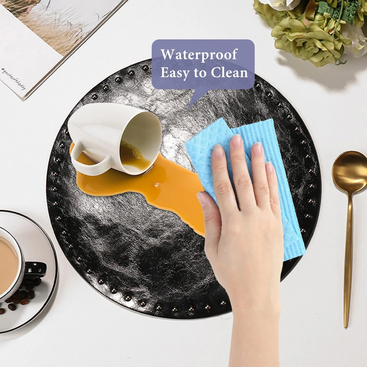 FAVE Black Faux Leather Placemats 13.78Inches Round Placemat Set of 2 Heat Resistant Place Mats for Kitchen Table Wipeable Fall Placemats Table Mats with Rivets High Texture Placemat (Black)