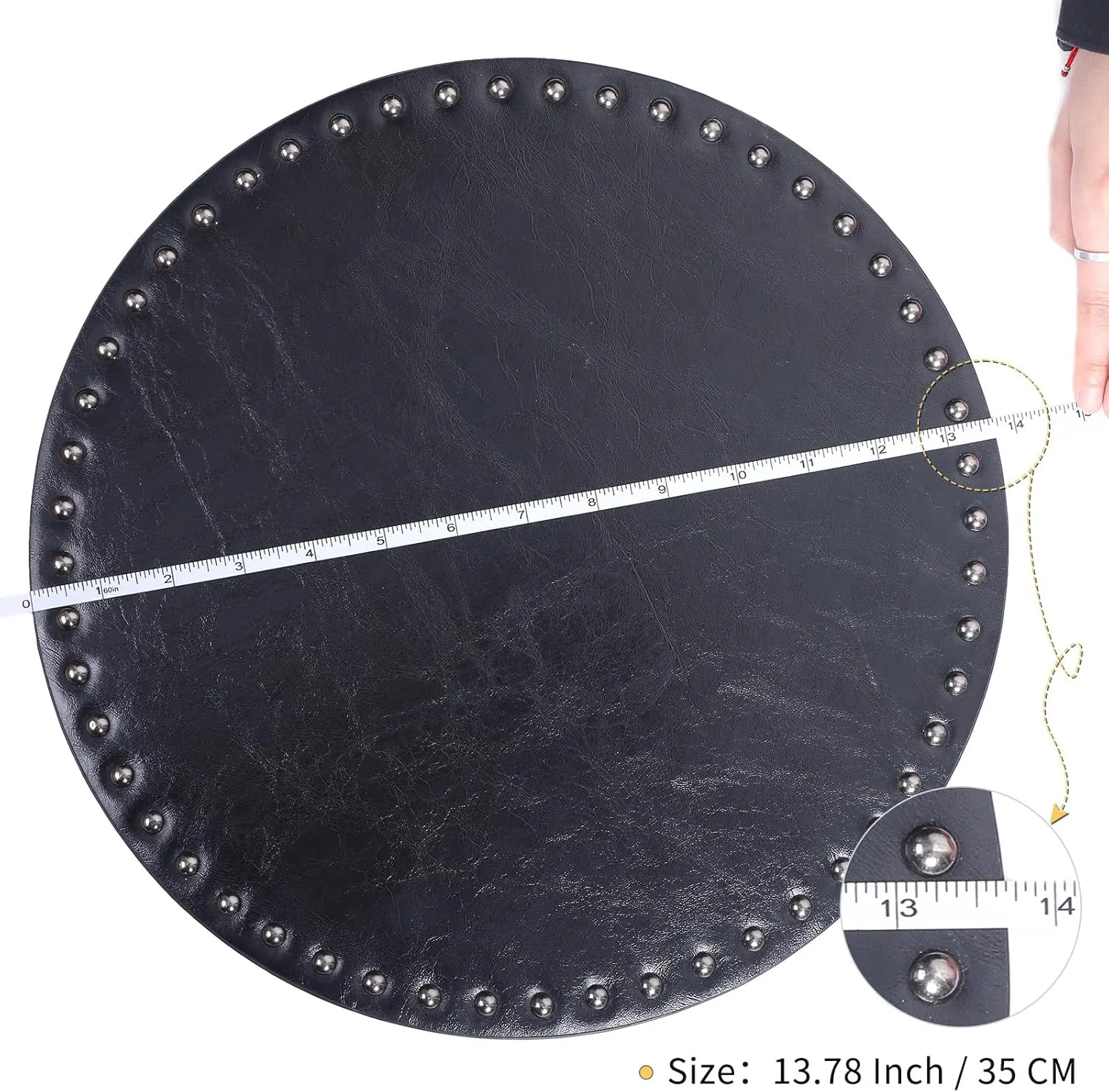 FAVE Black Faux Leather Placemats 13.78Inches Round Placemat Set of 2 Heat Resistant Place Mats for Kitchen Table Wipeable Fall Placemats Table Mats with Rivets High Texture Placemat (Black)