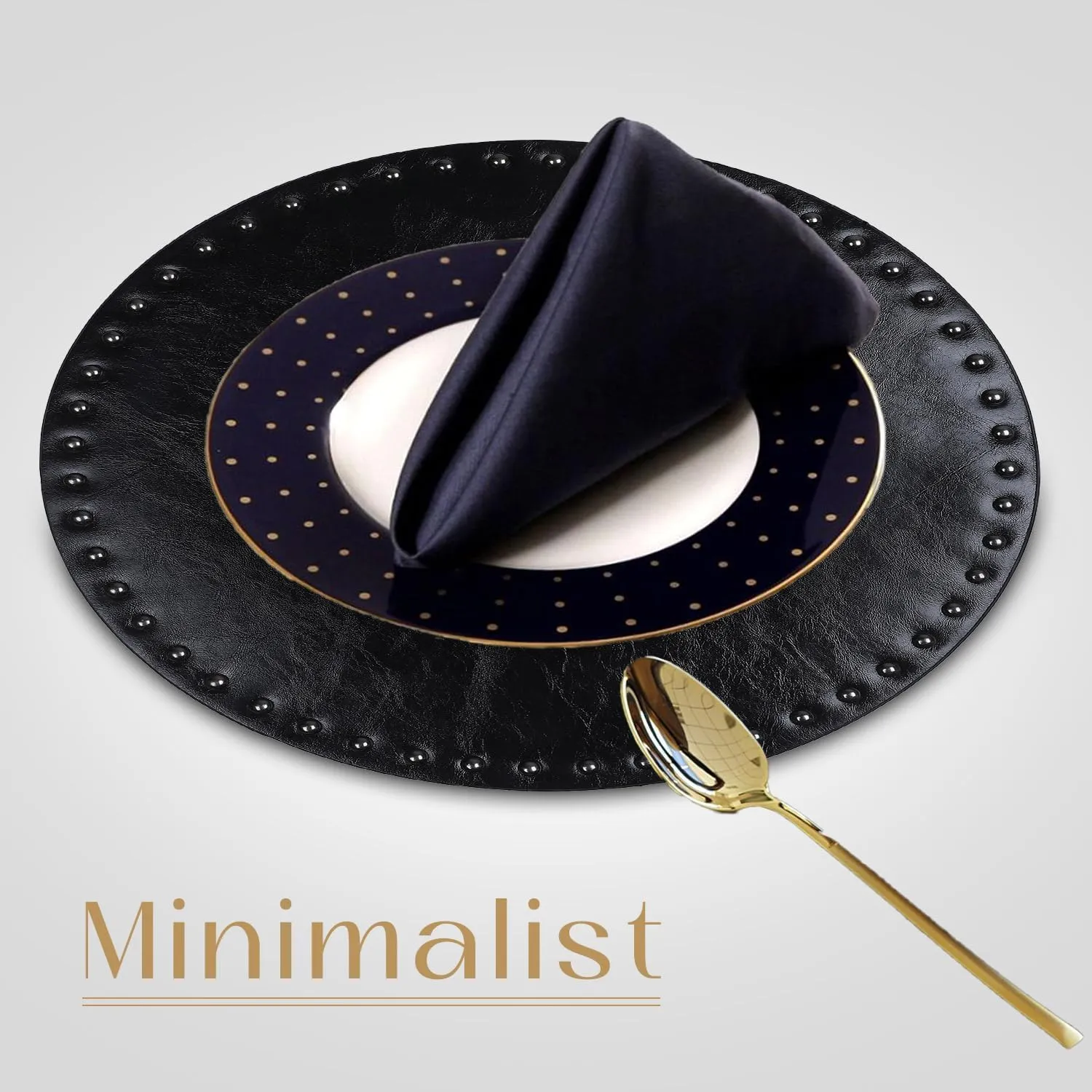 FAVE Black Faux Leather Placemats 13.78Inches Round Placemat Set of 2 Heat Resistant Place Mats for Kitchen Table Wipeable Fall Placemats Table Mats with Rivets High Texture Placemat (Black)