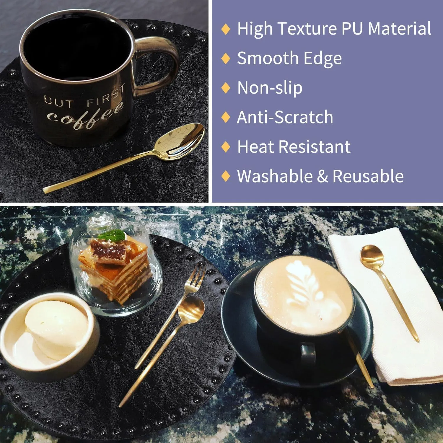 FAVE Black Faux Leather Placemats 13.78Inches Round Placemat Set of 2 Heat Resistant Place Mats for Kitchen Table Wipeable Fall Placemats Table Mats with Rivets High Texture Placemat (Black)
