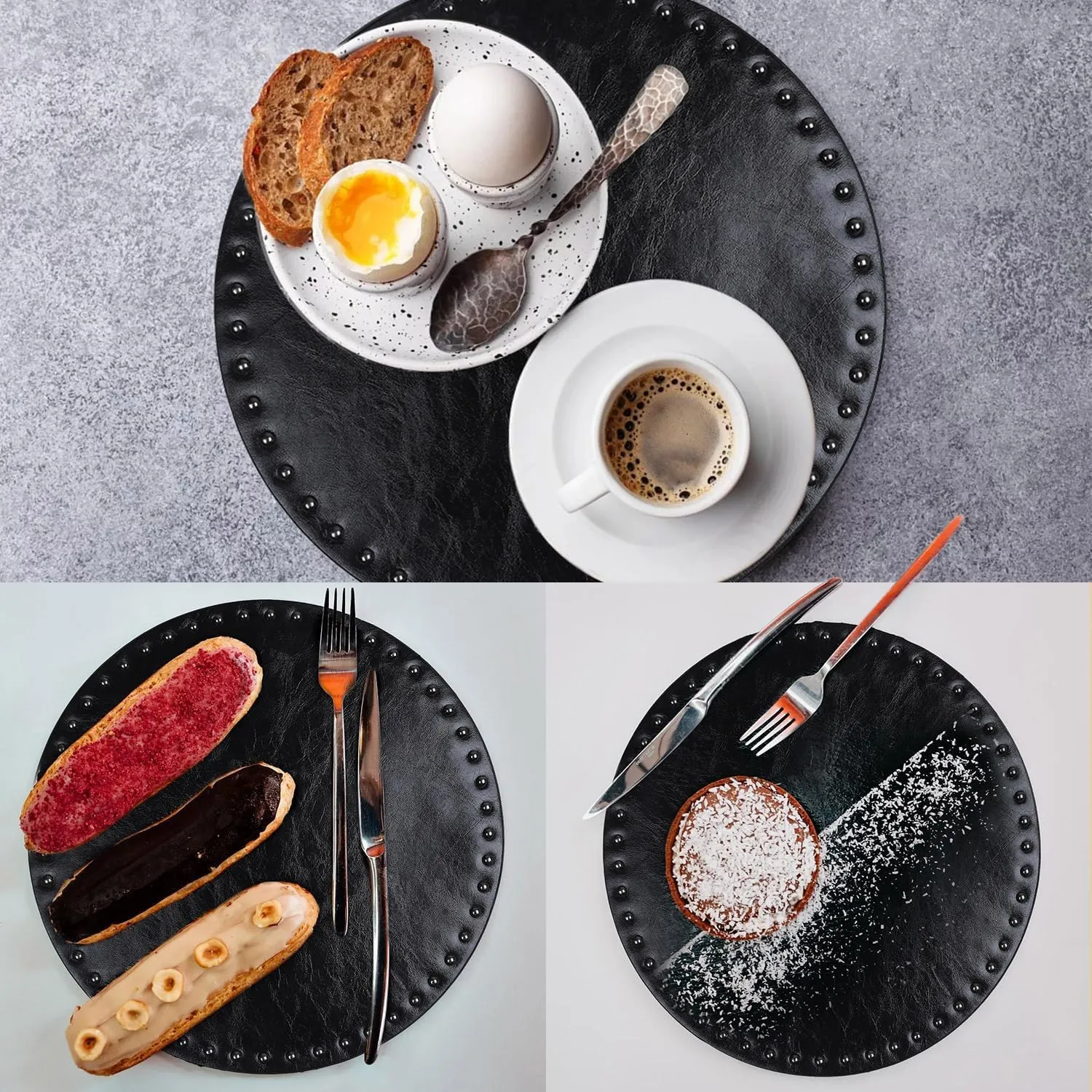 FAVE Black Faux Leather Placemats 13.78Inches Round Placemat Set of 2 Heat Resistant Place Mats for Kitchen Table Wipeable Fall Placemats Table Mats with Rivets High Texture Placemat (Black)