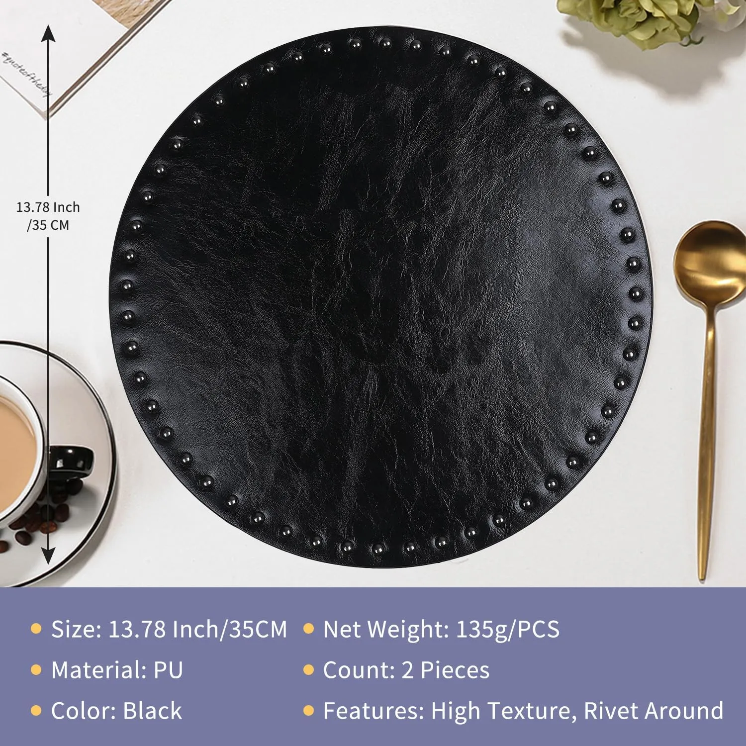 FAVE Black Faux Leather Placemats 13.78Inches Round Placemat Set of 2 Heat Resistant Place Mats for Kitchen Table Wipeable Fall Placemats Table Mats with Rivets High Texture Placemat (Black)